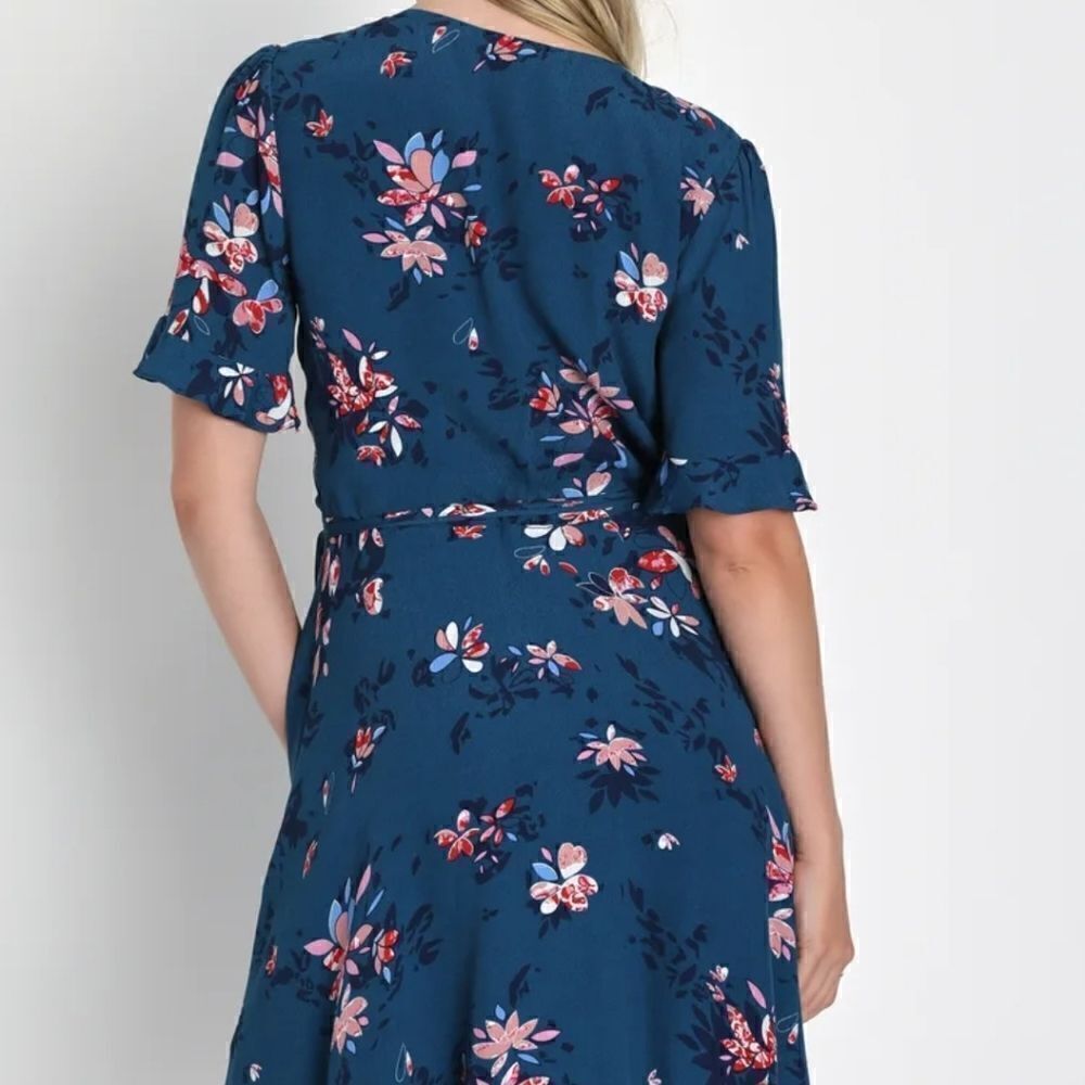 Lulus Dalton Teal Blue Floral Print Ruffled Wrap Dress small - Picture 3 of 8